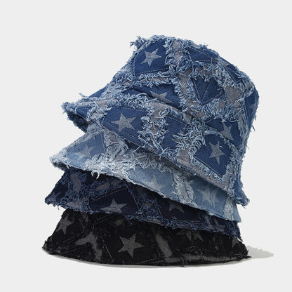 Star Distressed Denim Jean Bucket Hat Sun Hat