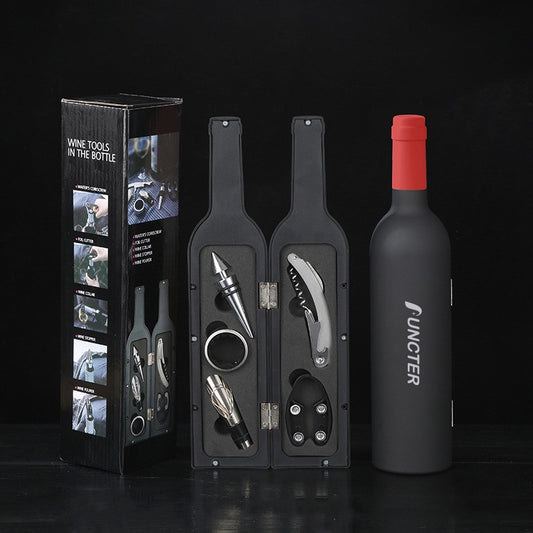 Wine Bottle Shaped Red Neck Corkscrew Set (Colorful Box) -5 Piece