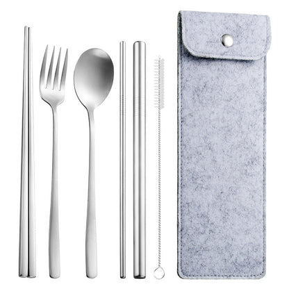 6-Piece 304 Stainless Steel Flatware Spoon Chopsticks Fork Straw Tableware Set W/Felt Bag