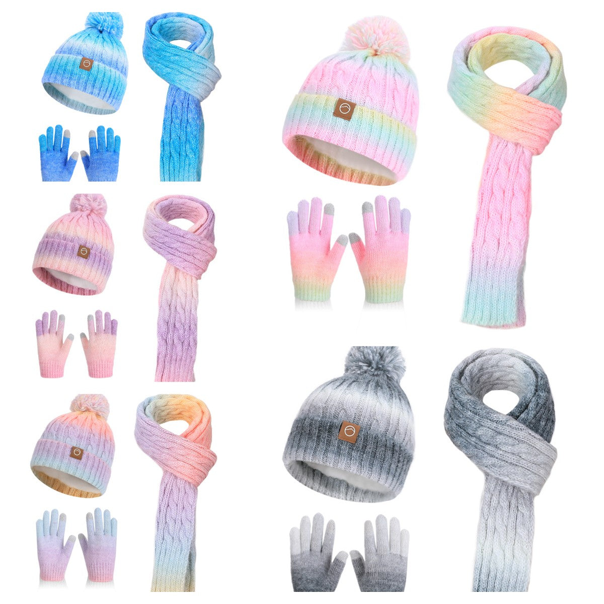Children Cable Knit Beanie W/ Pom-pom Hat Scarf Gloves Set