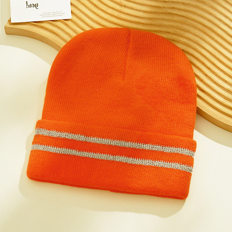 Reflective Double Stripes Unisex Adult Knit Cuffed Beanie Hat