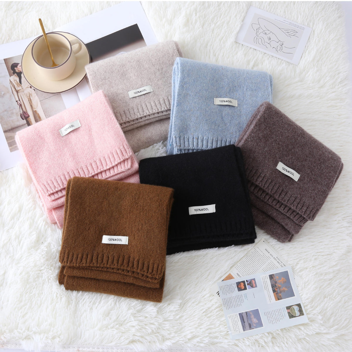 63'' 100% Lamb Wool Plain Scarf Solid Color Wool Scarf Knitted Scarf for Men and Women