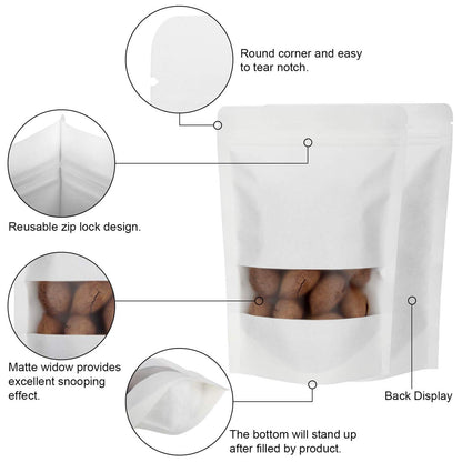 7.1 x 10.3" White Kraft Paper Bags W/Window Stand Up Ziplock Resealable Pouch Coffee Bag