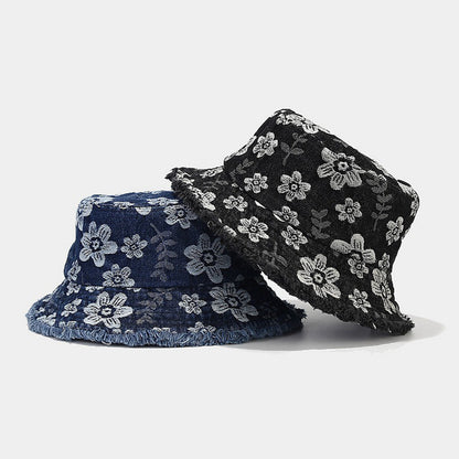Flower Distressed Denim Jean Bucket Hat Sun Hat