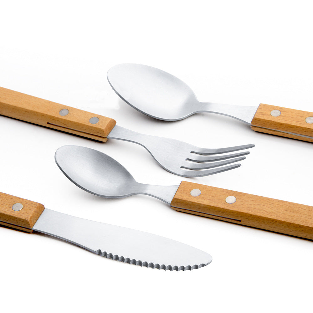 4-Piece 304 Stainless Steel Flatware Set Cutlery Silverware Tableware Set W/Wooden Handle