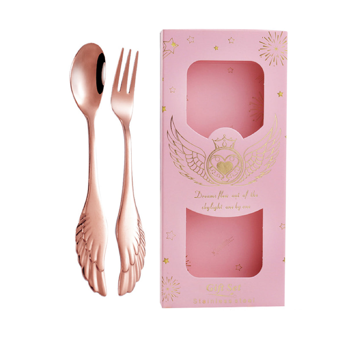 Set of 2 Rose Gold Angel Wing Spoon Fork Flatware Set Tableware Pink Gift Box