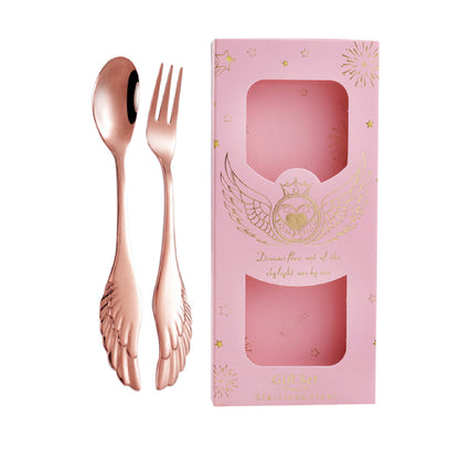 Set of 2 Rose Gold Angel Wing Spoon Fork Flatware Set Tableware Pink Gift Box