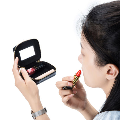 Full-grain Genuine Leather Zipper Makeup Bag Handle Bag Lipstick Storage Pouch W/Makeup Mirror