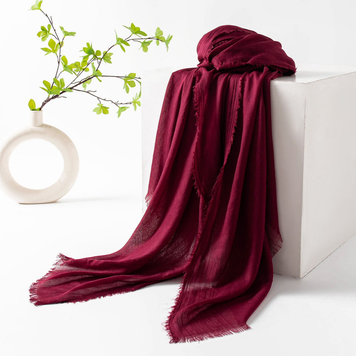 75'' Linen Feeling Scarf Pashmina Shawls Wraps Short Fringed Scarf Long Headscarf - Embroider