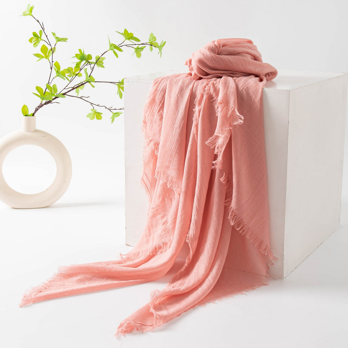 75'' Linen Feeling Scarf Pashmina Shawls Wraps Short Fringed Scarf Long Headscarf - Woven Label