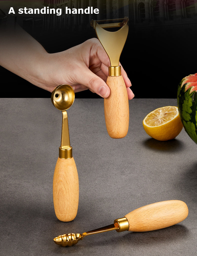 Oval Gold 304 Stainless Steel Fruit Scoop Watermelon Scoop Ice Cream Scoop With Wood Handle