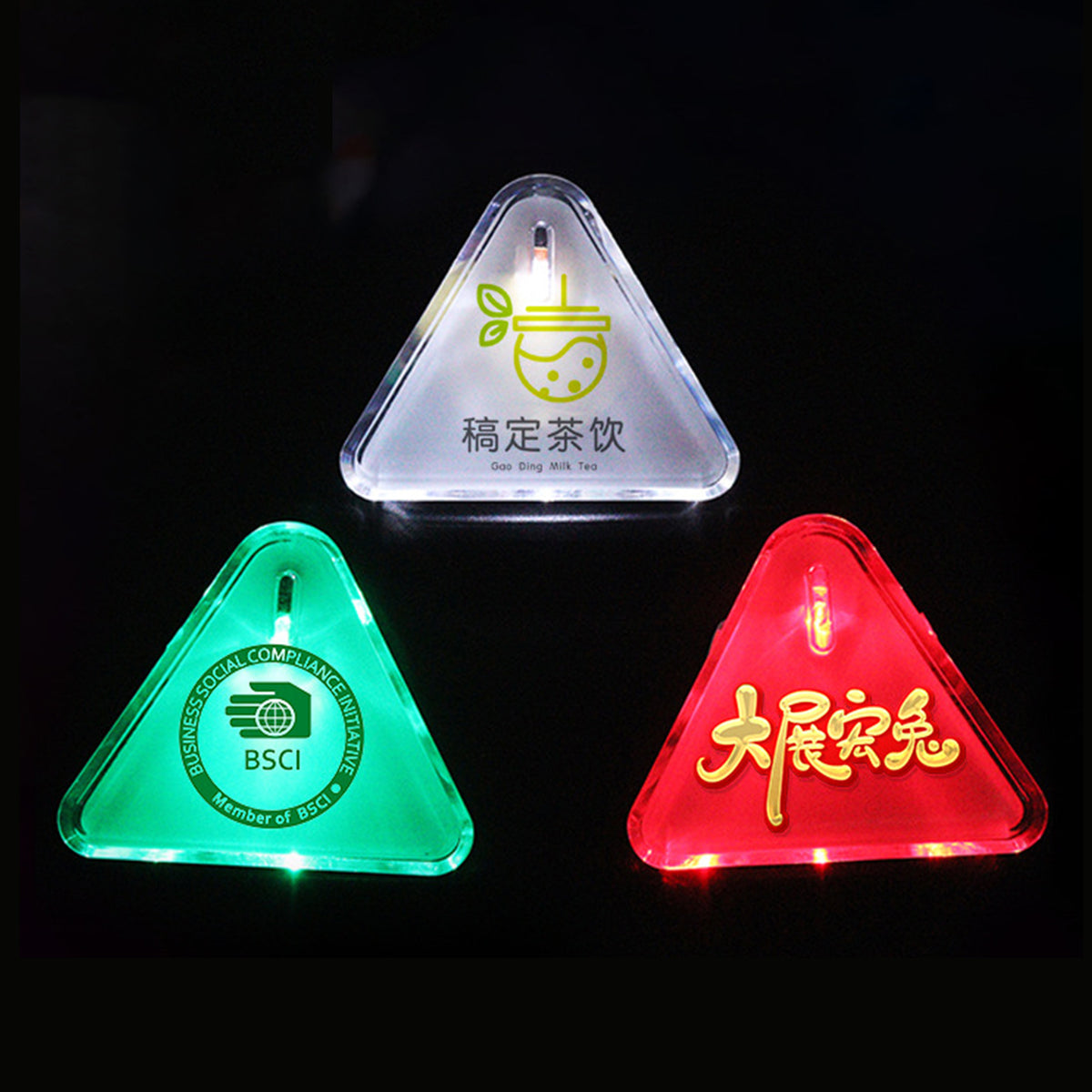Triangle Shape LED Acrylic Flashing Badge Brooch Pins for Party