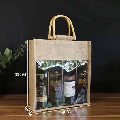 Eco-Friendly Burlap 4 Wine Bottle Bag w/ Cane Handle & Clear Window