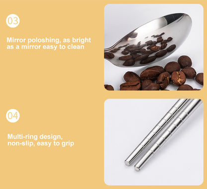 7-Piece 304 Stainless Steel Flatware Chopstick Spoon Straw Fork Knife Tableware Set W/Bag(Model B)
