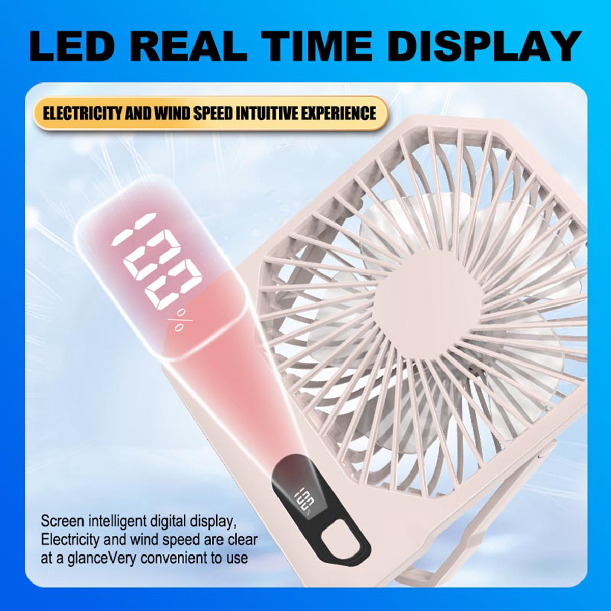 Desk Fan Battery Operated Portable USB Rechargeable Personal Fan w/ Power Display