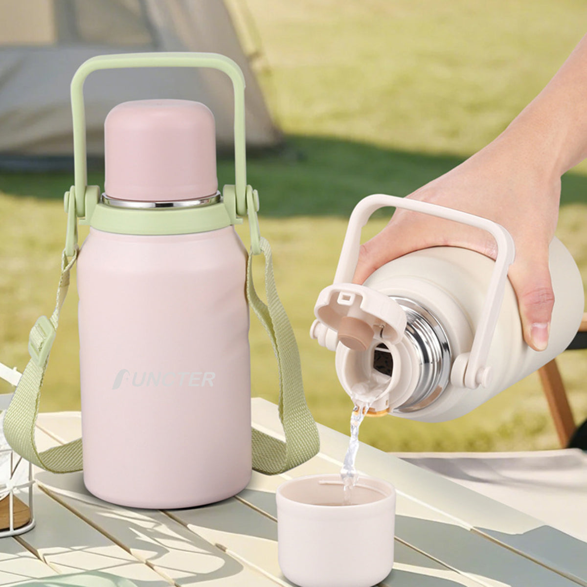 34oz Portable Double Wall Vacuum Stainless Steel Water Bottle w/ Handle & Strap