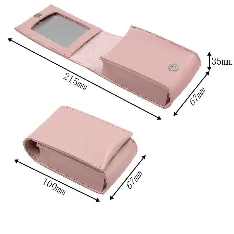 PU Leather Magnetic Buckle Makeup Bag Handle Bag Lipstick Storage Pouch W/Compact Mirror