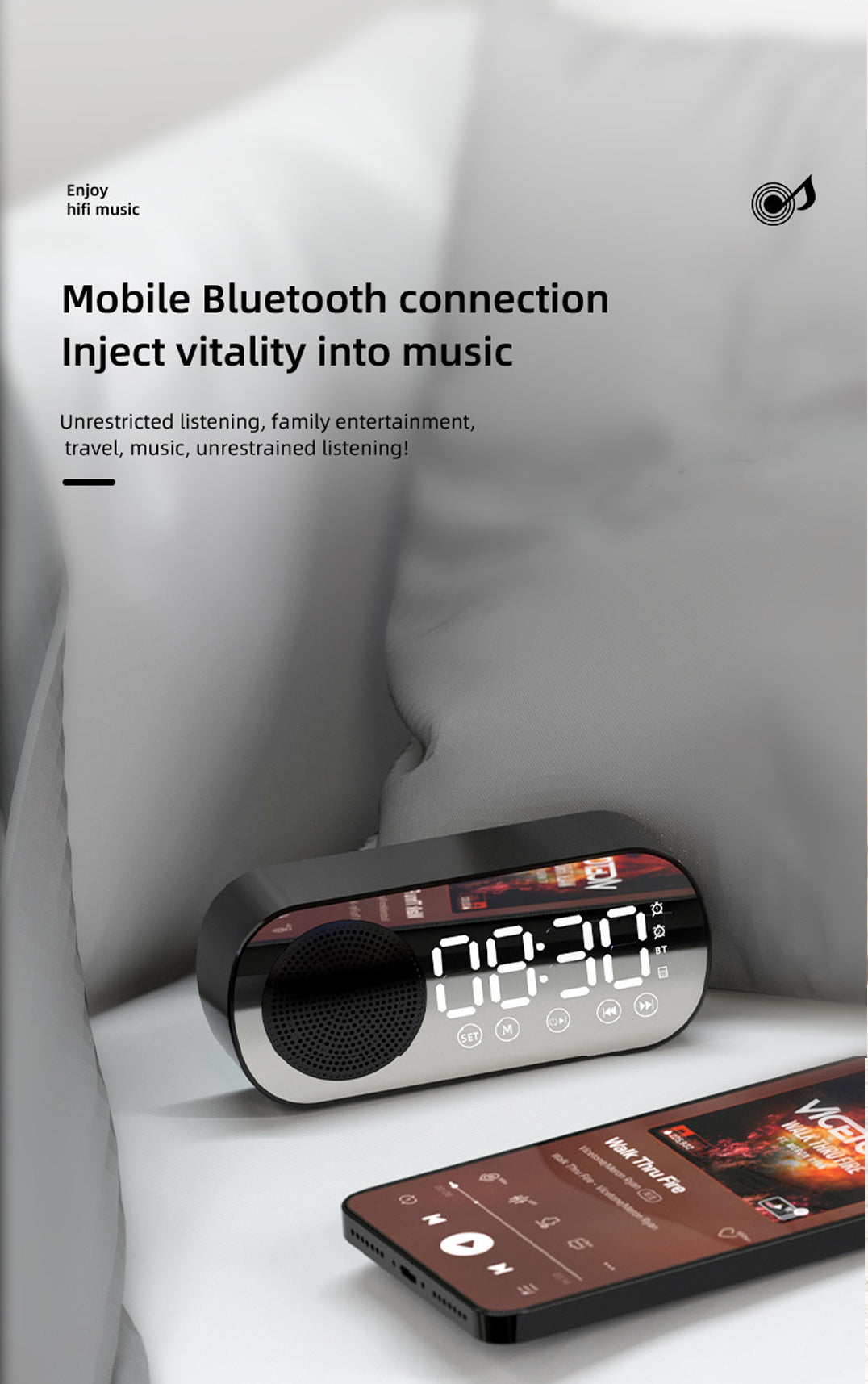 2000 mAh Digital LED Mirror Radio Alarm Clock Wireless Speaker
