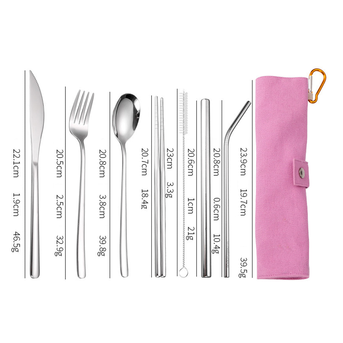7-Piece 304 Stainless Steel Flatware Chopstick Spoon Straw Fork Knife Tableware Set W/Bag(Model B)