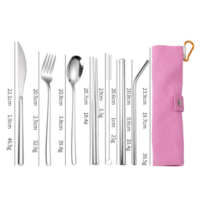 7-Piece 304 Stainless Steel Flatware Chopstick Spoon Straw Fork Knife Tableware Set W/Bag(Model B)