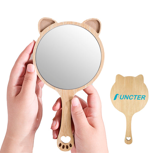 Cat Shape Wood Handheld Mirror Makeup Mirror - Size S