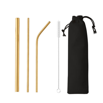 4-Piece 304 Stainless Steel Drinking Flatware Straw Set W/Drawstring Bag(Gold & Rose Gold & Rainbow)