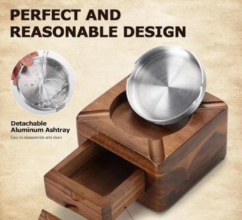 Square Wooden Cigar Ashtray W/ Storage Drawer