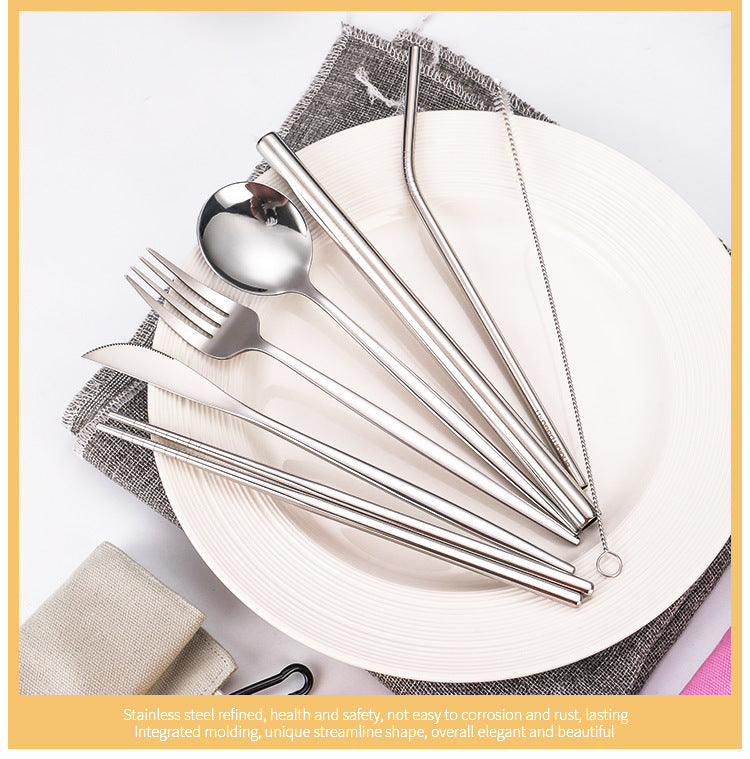 7-Piece 304 Stainless Steel Flatware Chopstick Spoon Straw Fork Knife Tableware Set W/Bag(Model C)