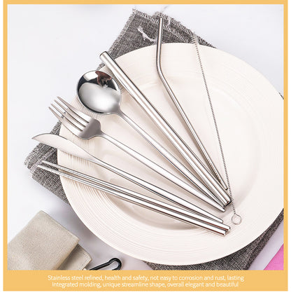 7-Piece 304 Stainless Steel Flatware Chopstick Spoon Straw Fork Knife Tableware Set W/Bag(Model C)