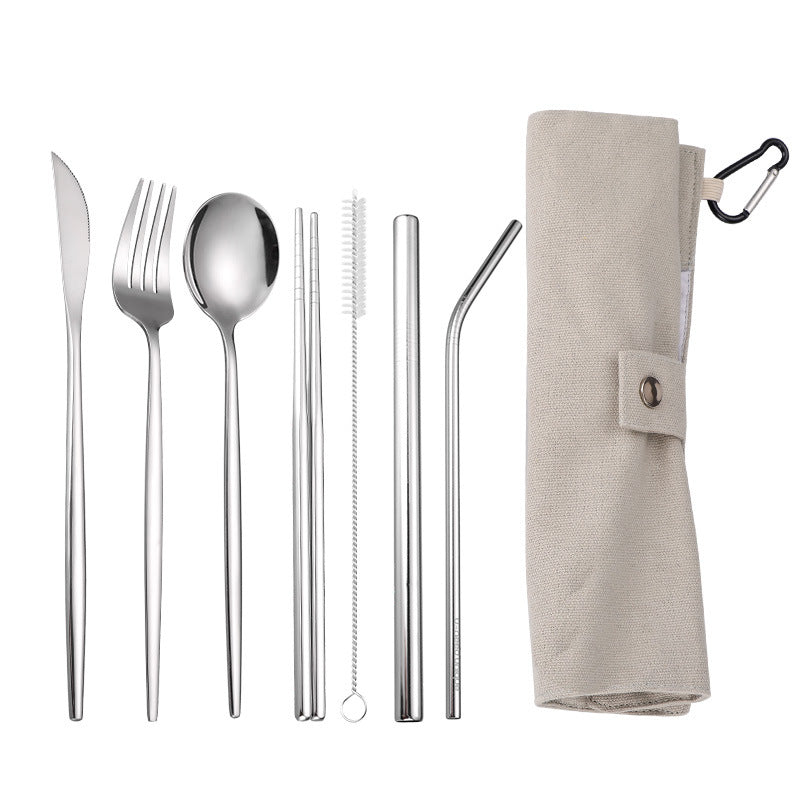 7-Piece 304 Stainless Steel Flatware Chopstick Spoon Straw Fork Knife Tableware Set W/Bag(Model C)