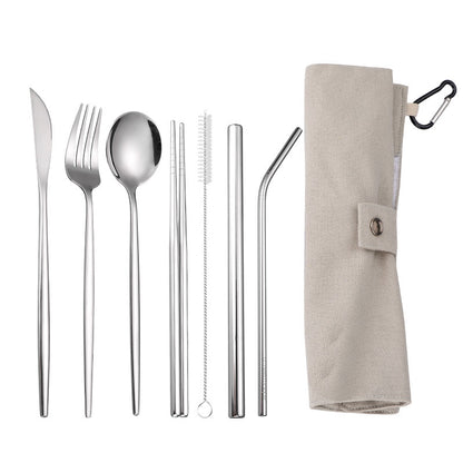 7-Piece 304 Stainless Steel Flatware Chopstick Spoon Straw Fork Knife Tableware Set W/Bag(Model C)