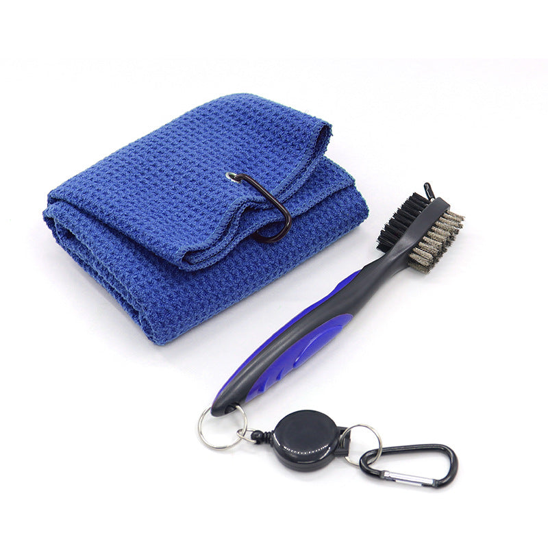 Microfiber Waffle Pattern Tri-fold Golf Towel Set Golf Club Cleaning Brush Kit