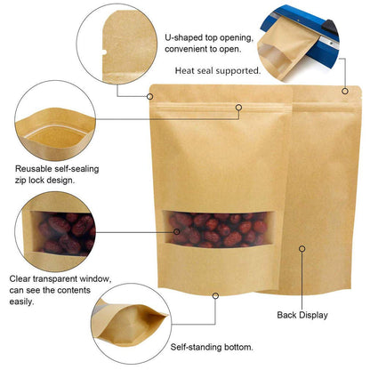 9 x 13.8" Kraft Bags with Window Stand Up Ziplock Seal Paper Bag Resealable Food Storage Pouch