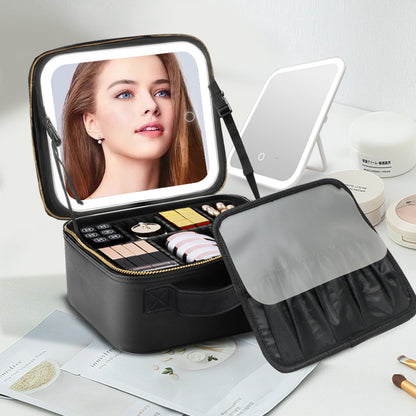 Multifunctional PU Leather Cosmetic Bag with Removable LED Mirror - Travel Makeup Bag Handle Case