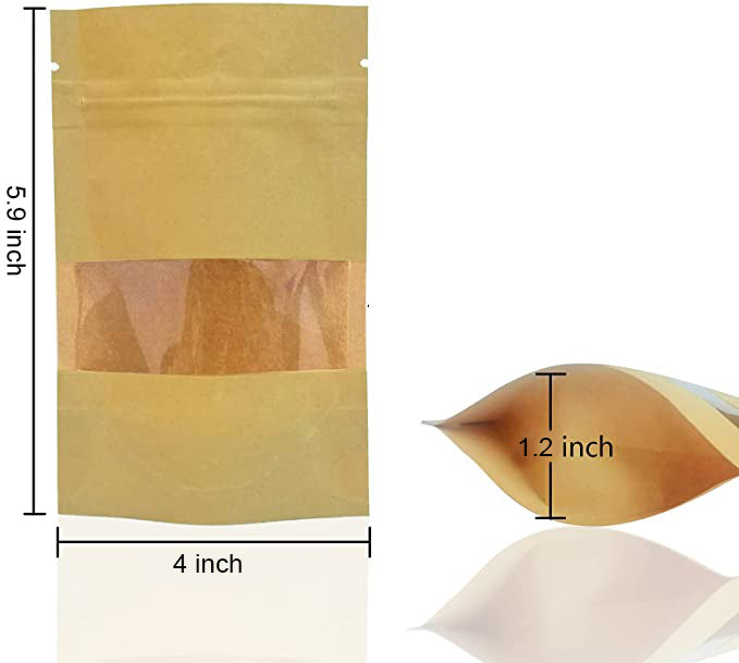 4 x 5.9" Kraft Bags with Window Stand Up Ziplock Seal Paper Bag Resealable Food Storage Pouch