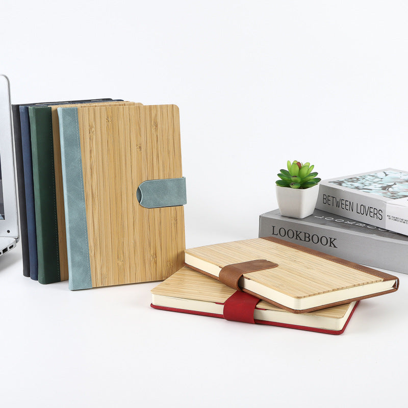 A5 Bamboo PU Leather Hardcover Bound Business Notebook Writing Journal W/ Magnetic Closure