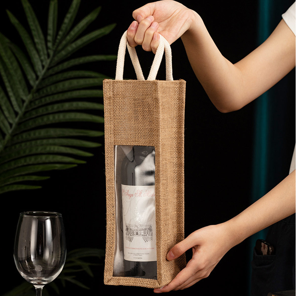 Reusable Jute Burlap Single Bottle Wine Gift Tote Bags w/ Window