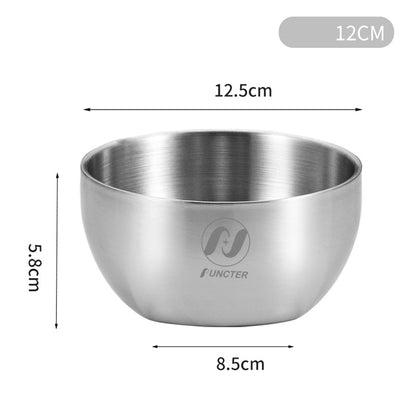 Silver 304 Stainless Steel Rice Round Bowl Heat-Resistant Soup Bowl Kimchi Double-Layer Bowl 125 mm