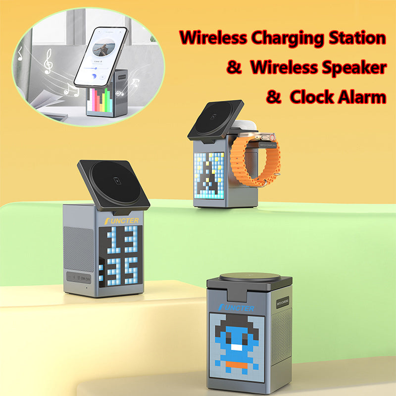 Magnetic 3" 1 Wireless Charging Station For Multiple Devices, Wireless Speaker, Clock Alarm