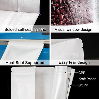 9.9 x 13.8" White Kraft Paper Bags W/Window Stand Up Ziplock Resealable Pouch Coffee Bag