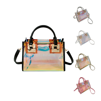 PVC Tote Bag - Iridescent Laser Transparent Handbag With Top Handle & Crossbody Strap