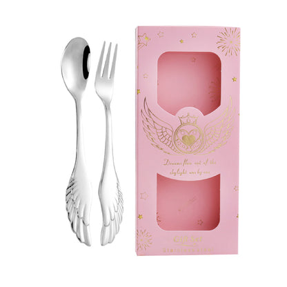 Silver Angel Wing Spoon Fork Flatware Set Tableware Pink Gift Box Set of 2