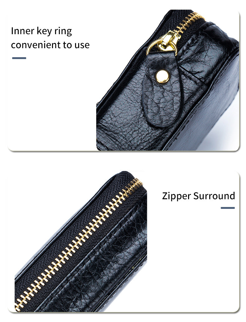 Full-grain Genuine Leather Zipper Makeup Bag Handle Bag Lipstick Storage Pouch W/Makeup Mirror