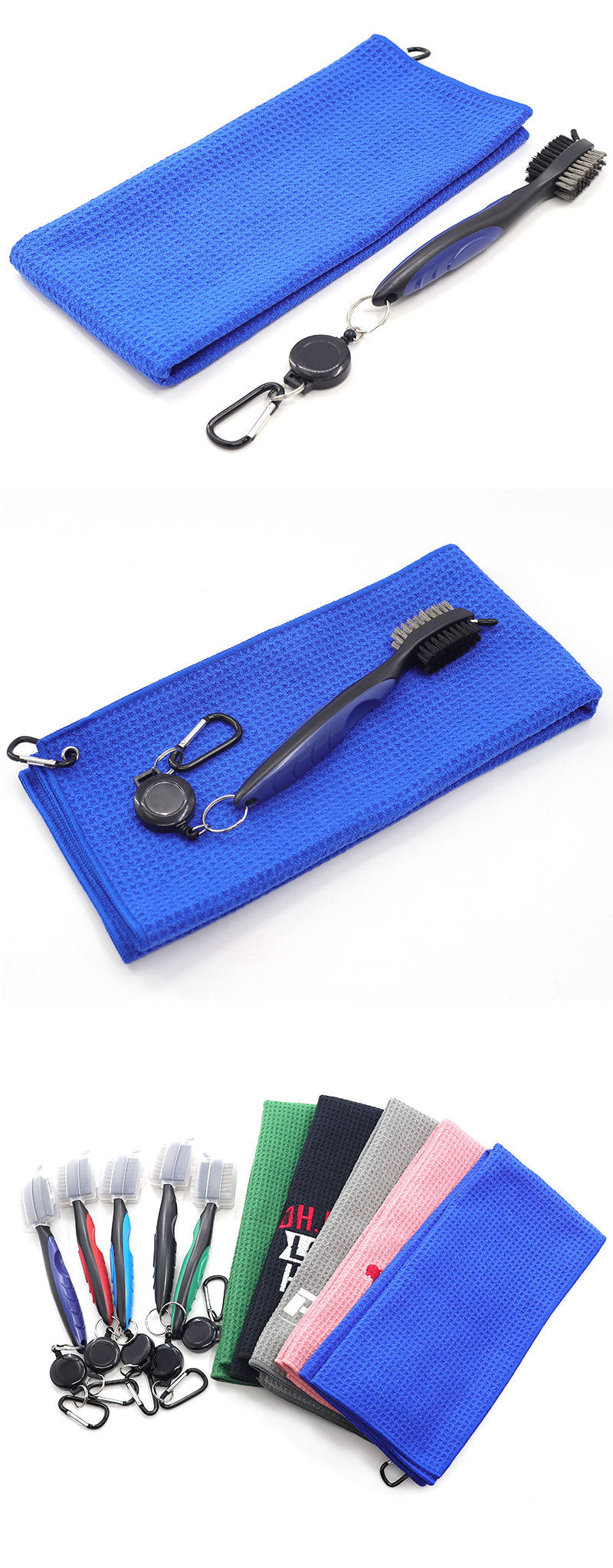 Microfiber Waffle Pattern Tri-fold Golf Towel Set Golf Club Cleaning Brush Kit