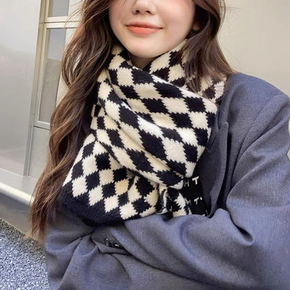 63" Polyester Checkerboard Plaid Scarf Cable Knitted Scarf Wrap Chunky Long Warm Scarf-Embroidery