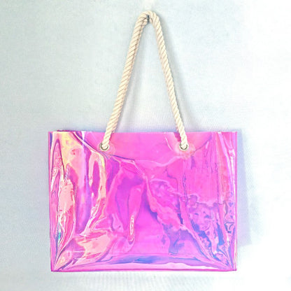 Iridescent Hologram PVC Tote Bag W/ Jute Handle
