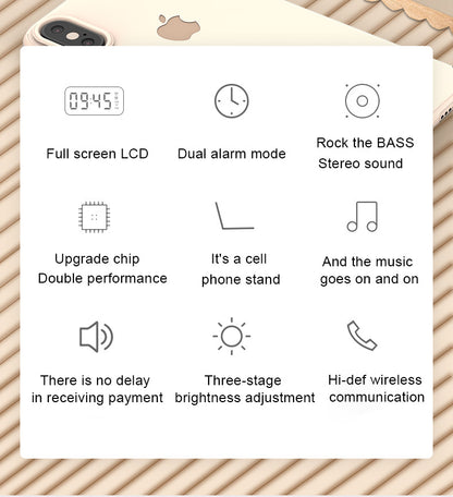 2000 mAh Digital LED Mirror Radio Alarm Clock Wireless Speaker W/Phone Bracket
