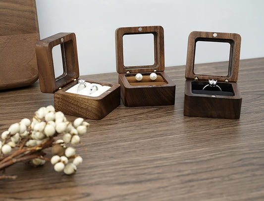 Rectangle Wooden Jewelry Ring Box W/ Window Cover