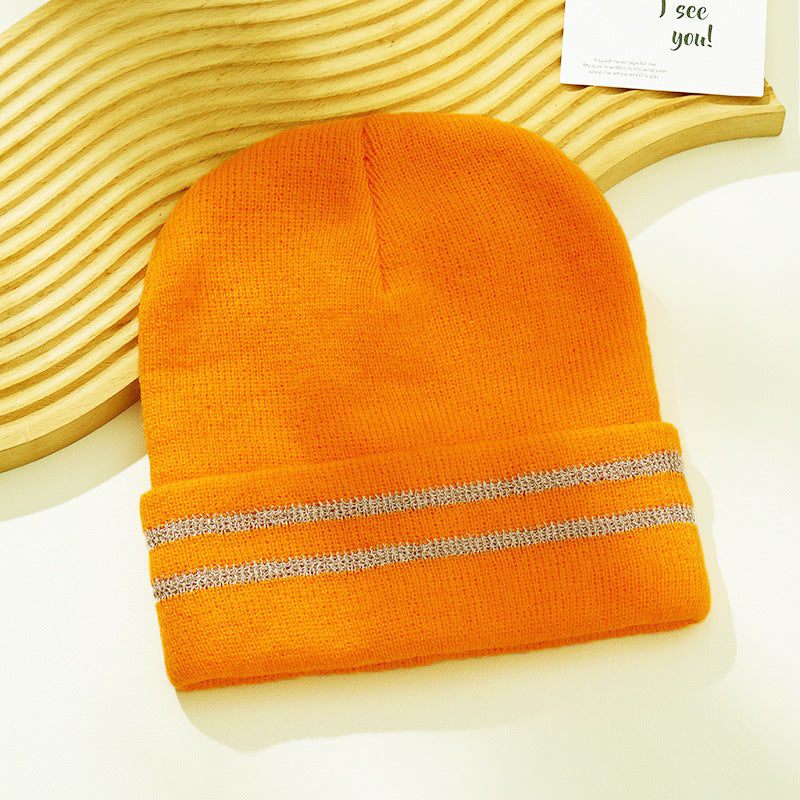 Reflective Double Stripes Unisex Adult Knit Cuffed Beanie Hat