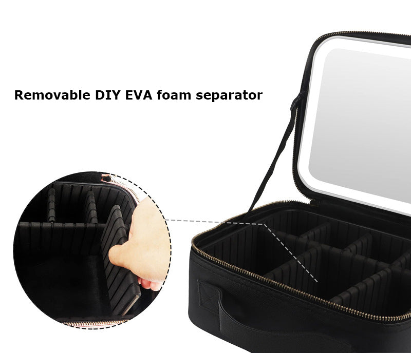 Multifunctional PU Leather Cosmetic Bag with Removable LED Mirror - Travel Makeup Bag Handle Case